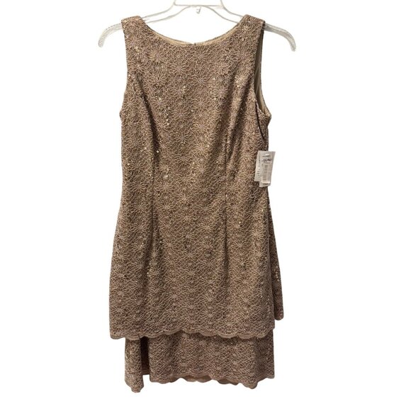 Alex Evenings Beige  Lace Sleeveless Cocktail Dress With Scalloped Hem & Sequin - Picture 1 of 12